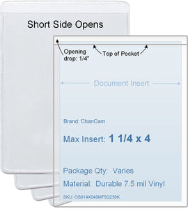 ChanCam vinyl sleeve, open short side, insert size: 1 1/4 x 4, product size: 1 1/2 x 4 1/4, package quantity 100, 7.5 mil clear vinyl