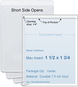 ChanCam vinyl sleeve, open short side, insert size: 1 1/2 x 1 3/4, product size: 1 3/4 x 2, package quantity 100, 7.5 mil clear vinyl