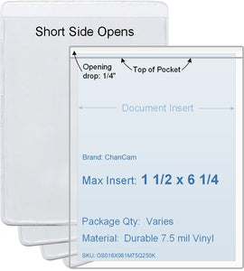 ChanCam vinyl sleeve, open short side, insert size: 1 1/2 x 6 1/4, product size: 1 3/4 x 6 1/2, package quantity 100, 7.5 mil clear vinyl