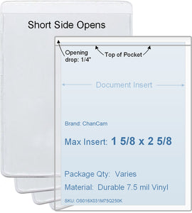 ChanCam vinyl sleeve, open short side, insert size: 1 5/8 x 2 5/8, product size: 1 7/8 x 2 7/8, package quantity 100, 7.5 mil clear vinyl