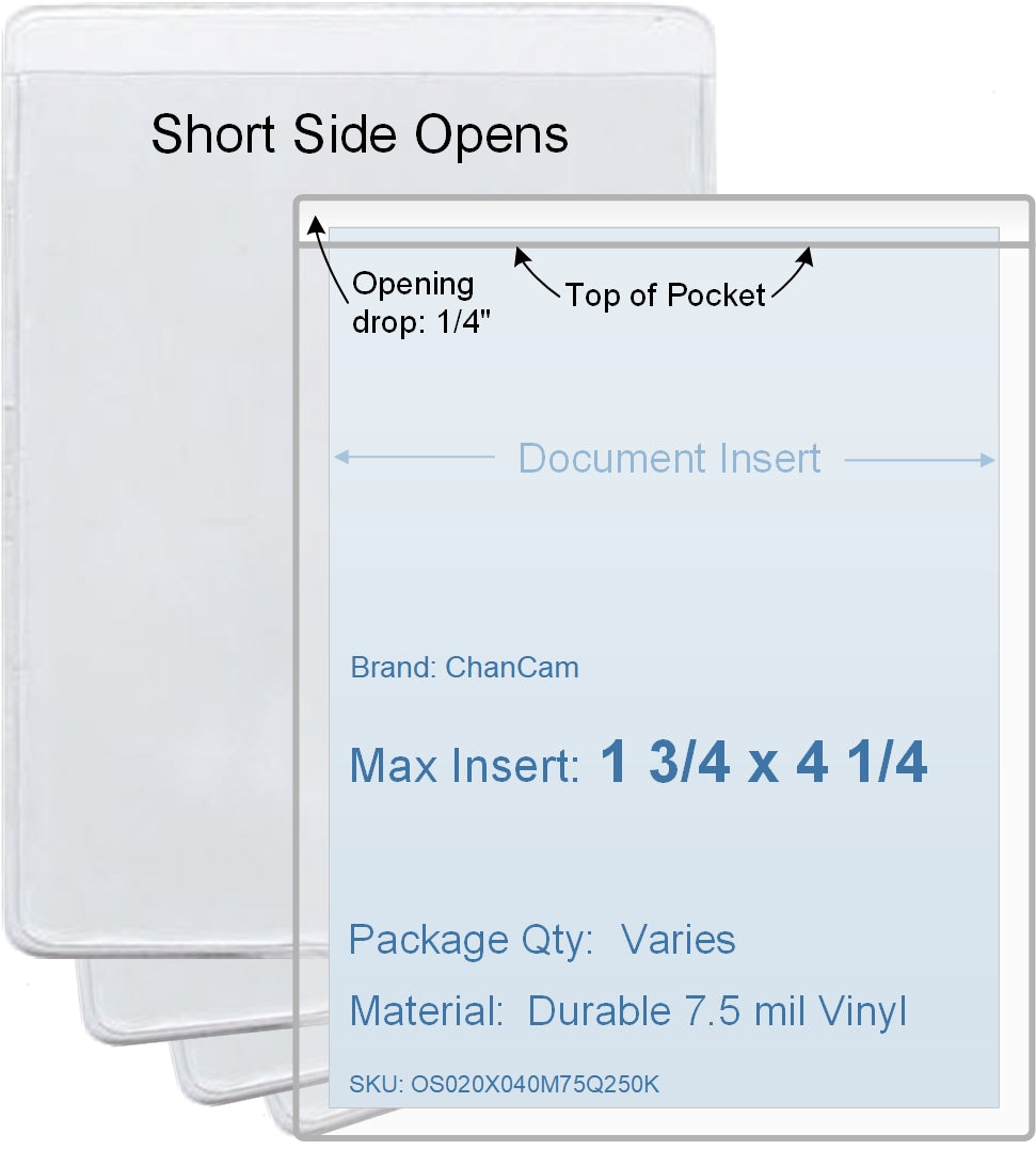 ChanCam vinyl sleeve, open short side, insert size: 1 3/4 x 4 1/4, product size: 2 x 4 1/2, package quantity 100, 7.5 mil clear vinyl