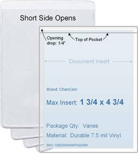 ChanCam vinyl sleeve, open short side, insert size: 1 3/4 x 4 3/4, product size: 2 x 5, package quantity 100, 7.5 mil clear vinyl