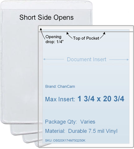 ChanCam vinyl sleeve, open short side, insert size: 1 3/4 x 20 3/4, product size: 2 x 21, package quantity 100, 7.5 mil clear vinyl