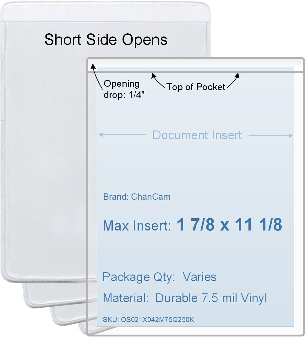 ChanCam vinyl sleeve, open short side, insert size: 1 7/8 x 11 1/8, product size: 2 1/8 x 11 3/8, package quantity 100, 7.5 mil clear vinyl