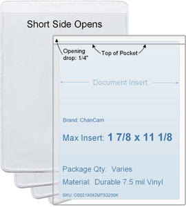 ChanCam vinyl sleeve, open short side, insert size: 1 7/8 x 11 1/8, product size: 2 1/8 x 11 3/8, package quantity 100, 7.5 mil clear vinyl