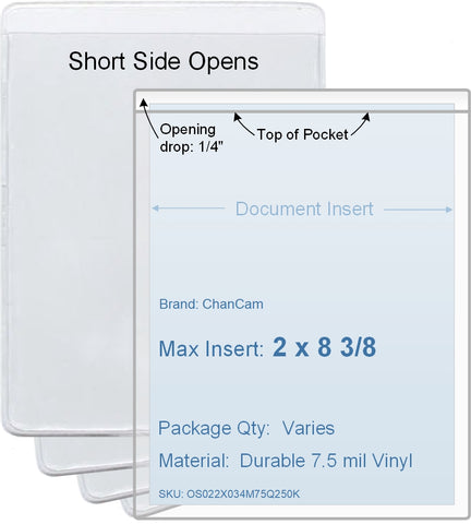 ChanCam vinyl sleeve, open short side, insert size: 2 x 8 3/8, product size: 2 1/4 x 8 5/8, package quantity 100, 7.5 mil clear vinyl