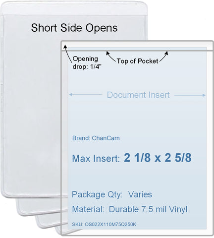 ChanCam vinyl sleeve, open short side, insert size: 2 1/8 x 2 5/8, product size: 2 3/8 x 2 7/8, package quantity 100, 7.5 mil clear vinyl