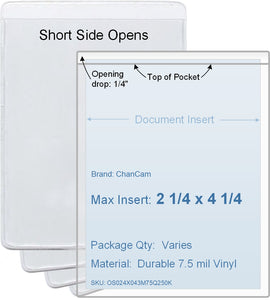 ChanCam vinyl sleeve, open short side, insert size: 2 1/4 x 4 1/4, product size: 2 1/2 x 4 1/2, package quantity 100, 7.5 mil clear vinyl