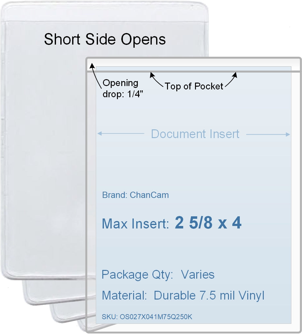 ChanCam vinyl sleeve, open short side, insert size: 2 5/8 x 4, product size: 2 7/8 x 4 1/4, package quantity 100, 7.5 mil clear vinyl