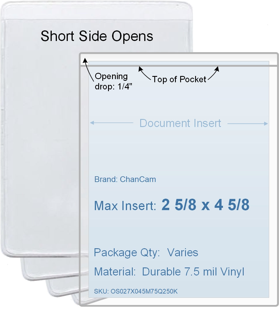 ChanCam vinyl sleeve, open short side, insert size: 2 5/8 x 4 5/8, product size: 2 7/8 x 4 7/8, package quantity 100, 7.5 mil clear vinyl