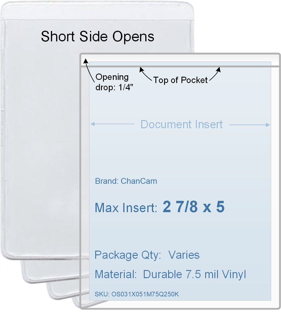 ChanCam vinyl sleeve, open short side, insert size: 2 7/8 x 5, product size: 3 1/8 x 5 1/4, package quantity 100, 7.5 mil clear vinyl