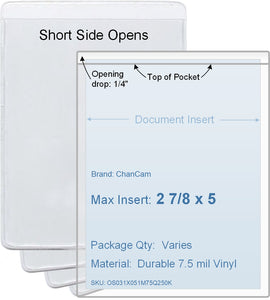 ChanCam vinyl sleeve, open short side, insert size: 2 7/8 x 5, product size: 3 1/8 x 5 1/4, package quantity 100, 7.5 mil clear vinyl