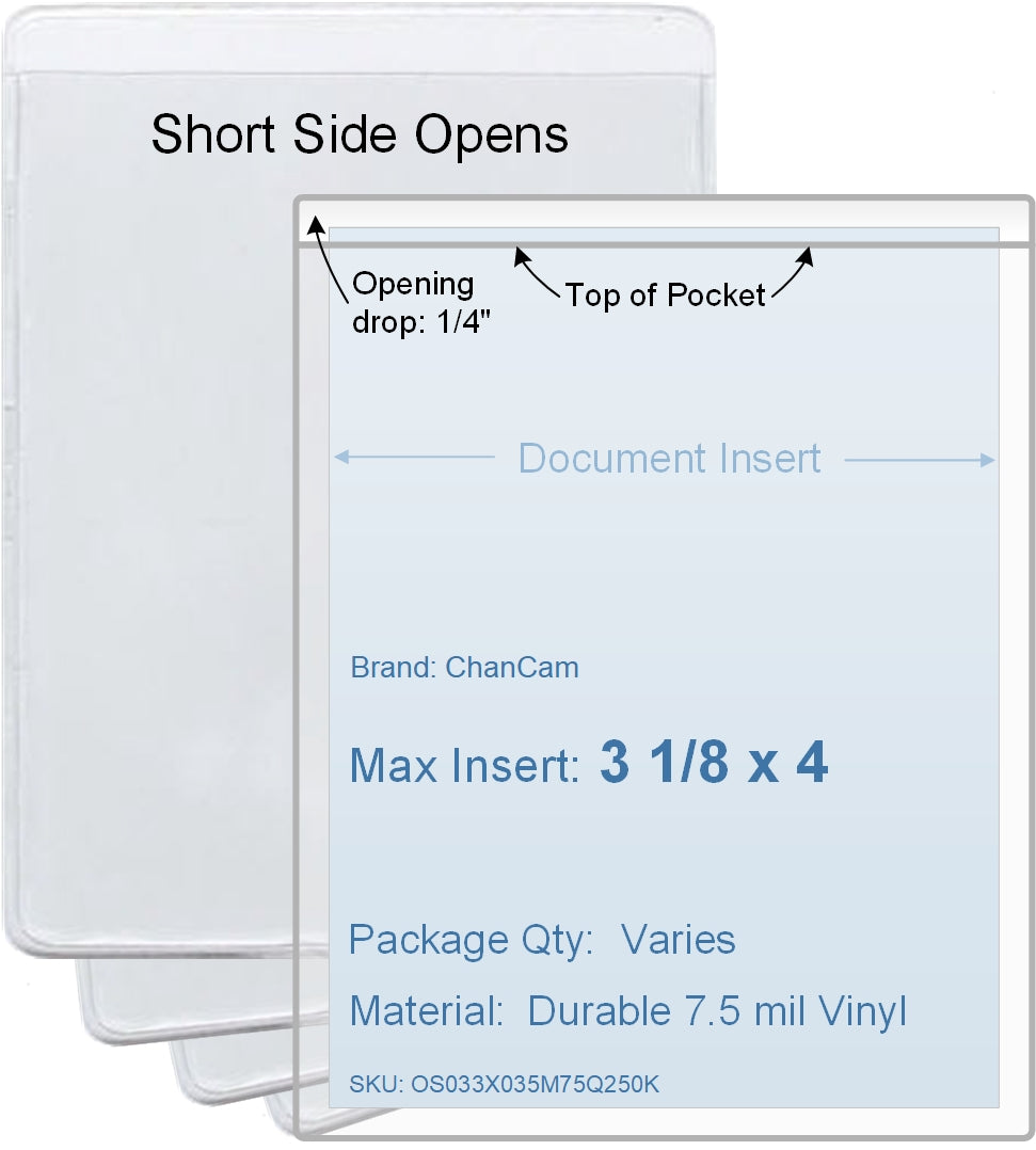 ChanCam vinyl sleeve, open short side, insert size: 3 1/8 x 4, product size: 3 3/8 x 4 1/4, package quantity 100, 7.5 mil clear vinyl