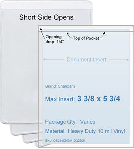 ChanCam vinyl sleeve, open short side, insert size: 3 3/8 x 5 3/4, product size: 3 5/8 x 6, package quantity 100, heavy duty 10 mil clear vinyl