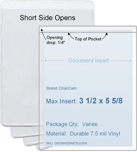 ChanCam vinyl sleeve, open short side, insert size: 3 1/2 x 5 5/8, product size: 3 3/4 x 5 7/8, package quantity 100, 7.5 mil clear vinyl