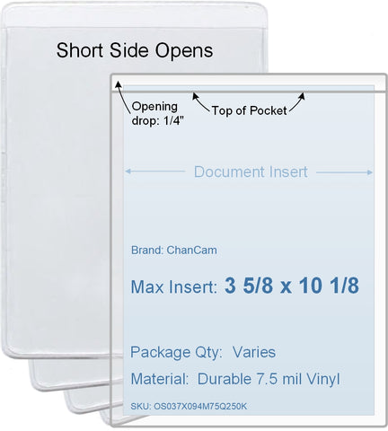 ChanCam vinyl sleeve, open short side, insert size: 3 5/8 x 10 1/8, product size: 3 7/8 x 10 3/8, package quantity 100, 7.5 mil clear vinyl