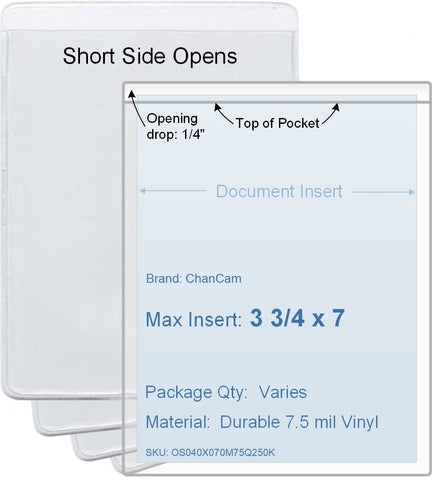 ChanCam vinyl sleeve, open short side, insert size: 3 3/4 x 7, product size: 4 x 7 1/4, package quantity 100, 7.5 mil clear vinyl