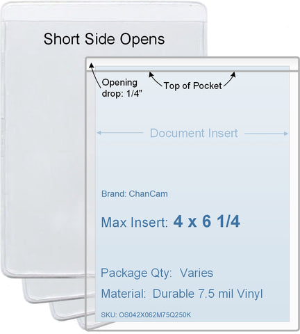 ChanCam vinyl sleeve, open short side, insert size: 4 x 6 1/4, product size: 4 1/4 x 6 1/2, package quantity 100, 7.5 mil clear vinyl