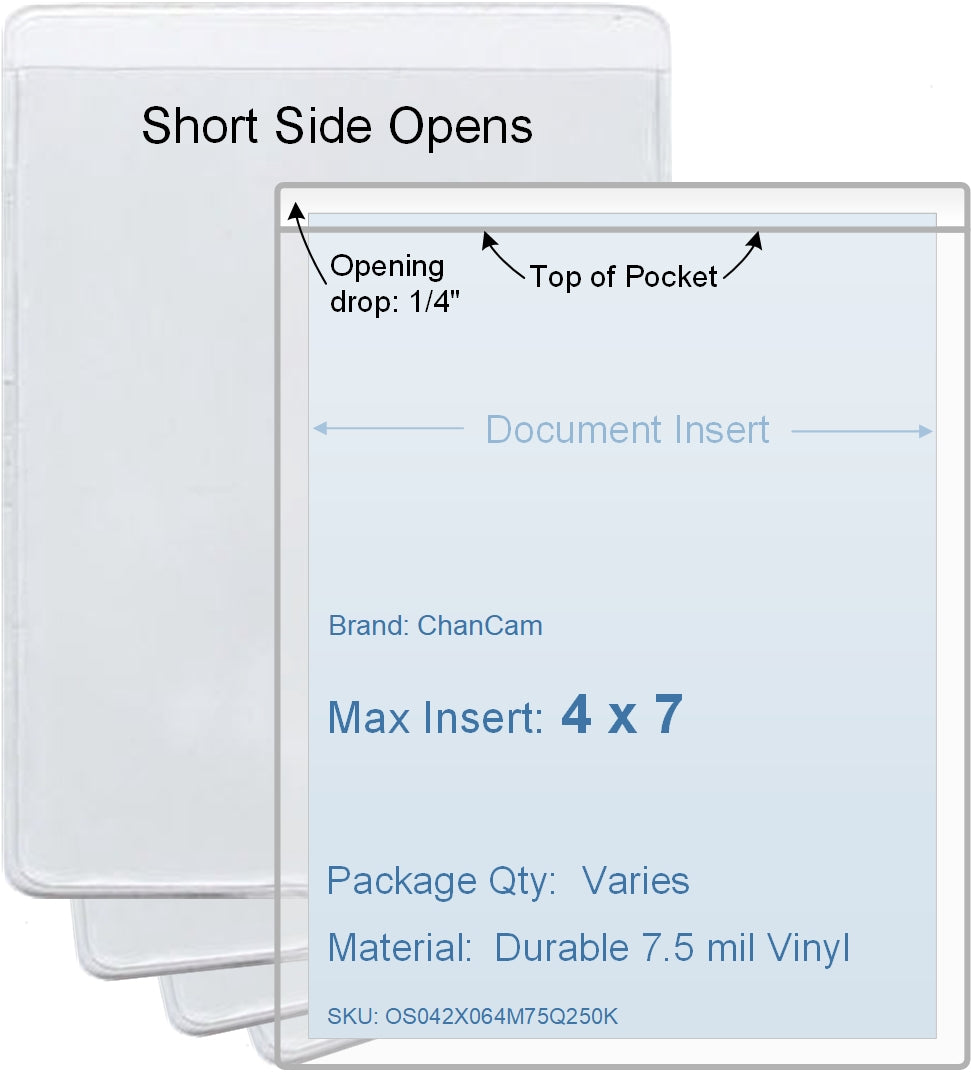 ChanCam vinyl sleeve, open short side, insert size: 4 x 7, product size: 4 1/4 x 7 1/4, package quantity 100, 7.5 mil clear vinyl