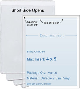 ChanCam vinyl sleeve, open short side, insert size: 4 x 9, product size: 4 1/4 x 9 1/4, package quantity 100, 7.5 mil clear vinyl