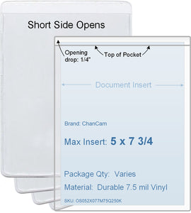 ChanCam vinyl sleeve, open short side, insert size: 5 x 7 3/4, product size: 5 1/4 x 8, package quantity 100, 7.5 mil clear vinyl