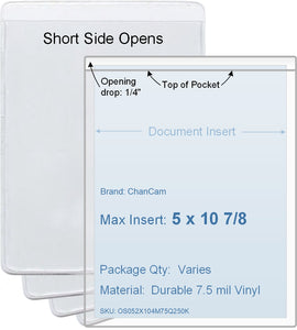 ChanCam vinyl sleeve, open short side, insert size: 5 x 10 7/8, product size: 5 1/4 x 11 1/8, 7.5 mil clear vinyl