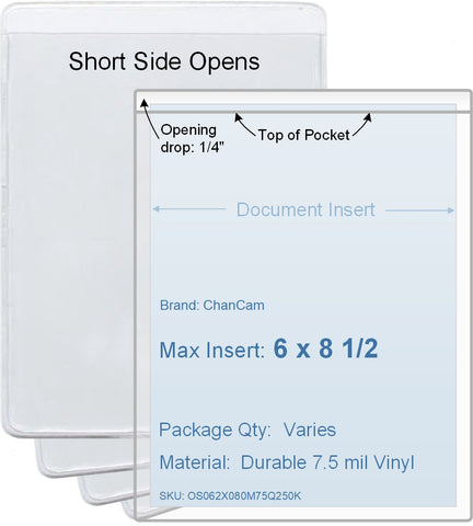 ChanCam vinyl sleeve, open short side, insert size: 6 x 8 1/2, product size: 6 1/4 x 8 3/4, package quantity 100, 7.5 mil clear vinyl