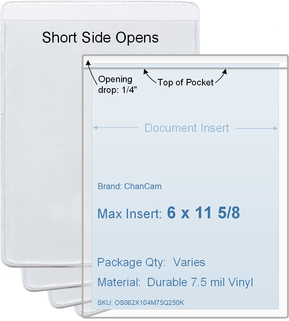 ChanCam vinyl sleeve, open short side, insert size: 6 x 11 5/8, product size: 6 1/4 x 11 7/8, package quantity 100, 7.5 mil clear vinyl