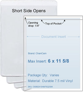 ChanCam vinyl sleeve, open short side, insert size: 6 x 11 5/8, product size: 6 1/4 x 11 7/8, package quantity 100, 7.5 mil clear vinyl