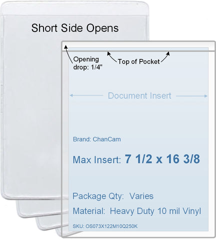 ChanCam vinyl sleeve, open short side, insert size: 7 1/2 x 16 3/8, product size: 7 3/4 x 16 5/8, heavy duty 10 mil clear vinyl