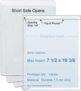 ChanCam vinyl sleeve, open short side, insert size: 7 1/2 x 16 3/8, product size: 7 3/4 x 16 5/8, 7.5 mil clear vinyl