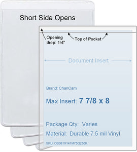 ChanCam vinyl sleeve, open short side, insert size: 7 7/8 x 8, product size: 8 1/8 x 8 1/4, package quantity 100, 7.5 mil clear vinyl