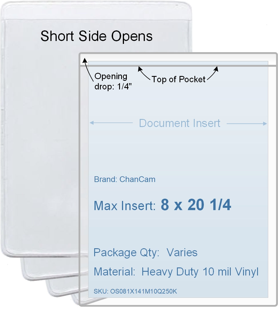 ChanCam vinyl sleeve, open short side, insert size: 8 x 20 1/4, product size: 8 1/4 x 20 1/2, package quantity 100, heavy duty 10 mil clear vinyl