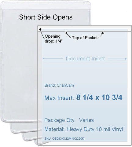 ChanCam vinyl sleeve, open short side, insert size: 8 1/4 x 10 3/4, product size: 8 1/2 x 11, package quantity 100, heavy duty 10 mil clear vinyl