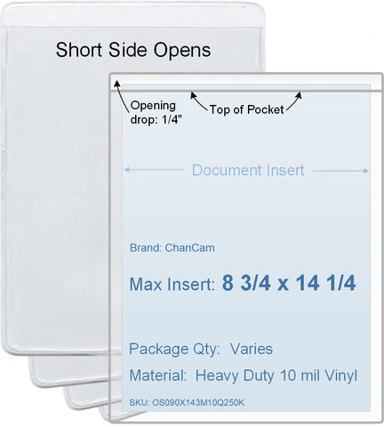 ChanCam vinyl sleeve, open short side, insert size: 8 3/4 x 14 1/4, product size: 9 x 14 1/2, heavy duty 10 mil clear vinyl