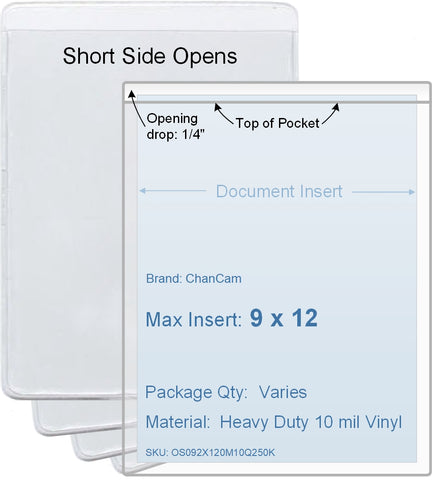 ChanCam vinyl sleeve, open short side, insert size: 9 x 12, product size: 9 1/4 x 12 1/4, package quantity 100, heavy duty 10 mil clear vinyl