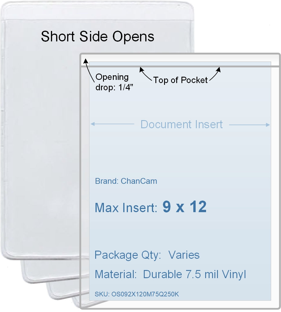 ChanCam vinyl sleeve, open short side, insert size: 9 x 12, product size: 9 1/4 x 12 1/4, package quantity 100, 7.5 mil clear vinyl