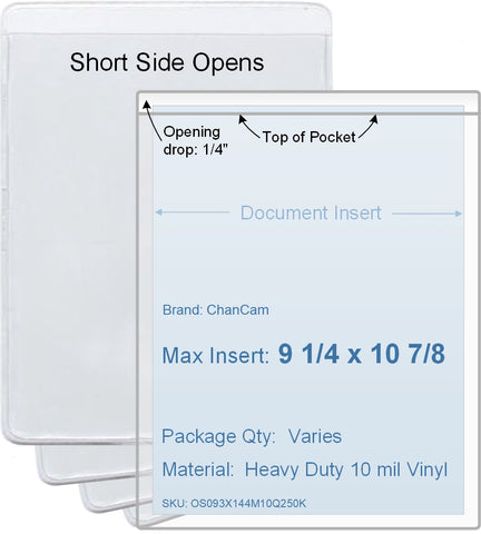 ChanCam vinyl sleeve, open short side, insert size: 9 1/4 x 10 7/8, product size: 9 1/2 x 11 1/8, package quantity 100, heavy duty 10 mil clear vinyl