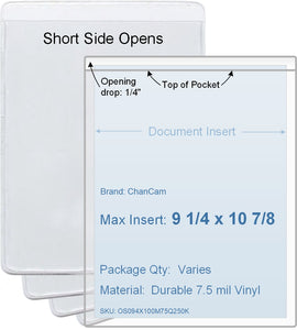 ChanCam vinyl sleeve, open short side, insert size: 9 1/4 x 10 7/8, product size: 9 1/2 x 11 1/8, package quantity 100, 7.5 mil clear vinyl