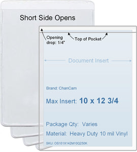 ChanCam vinyl sleeve, open short side, insert size: 10 x 12 3/4, product size: 10 1/4 x 13, package quantity 100, heavy duty 10 mil clear vinyl