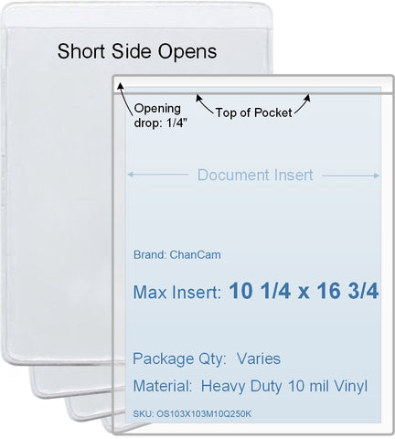 ChanCam vinyl sleeve, open short side, insert size: 10 1/4 x 16 3/4, product size: 10 1/2 x 17, package quantity 100, heavy duty 10 mil clear vinyl