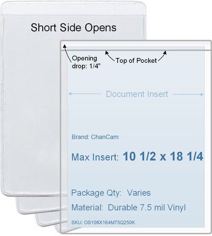 ChanCam vinyl sleeve, open short side, insert size: 10 1/2 x 18 1/4, product size: 10 3/4 x 18 1/2, package quantity 100, 7.5 mil clear vinyl