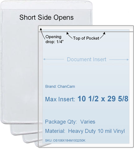 ChanCam vinyl sleeve, open short side, insert size: 10 1/2 x 29 5/8, product size: 10 3/4 x 29 7/8, package quantity 100, heavy duty 10 mil clear vinyl