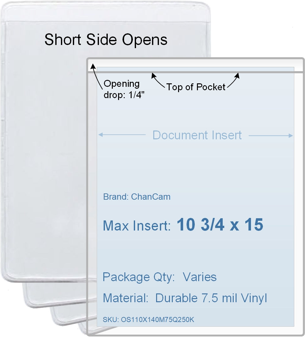 ChanCam vinyl sleeve, open short side, insert size: 10 3/4 x 15, product size: 11 x 15 1/4, package quantity 250, 7.5 mil clear vinyl