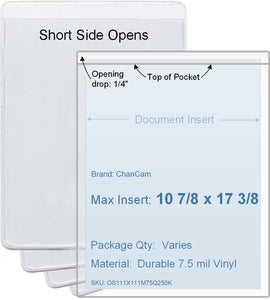 ChanCam vinyl sleeve, open short side, insert size: 10 7/8 x 17 3/8, product size: 11 1/8 x 17 5/8, package quantity 100, 7.5 mil clear vinyl