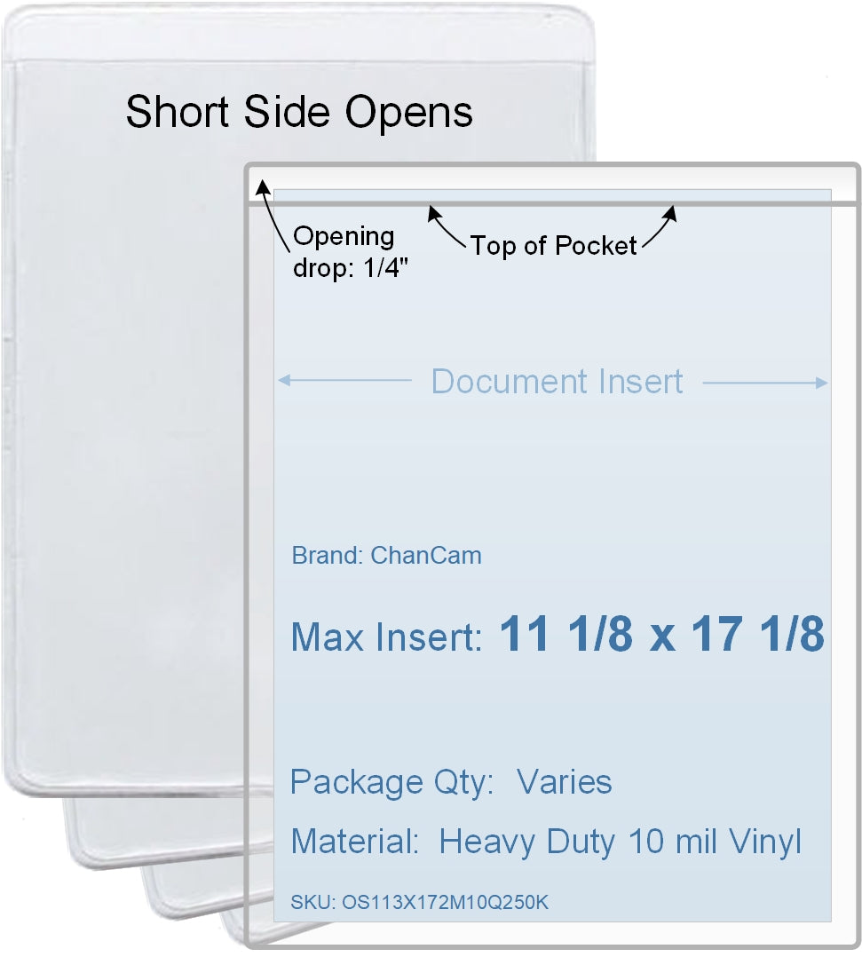 ChanCam vinyl sleeve, open short side, insert size: 11 1/8 x 17 1/8, product size: 11 3/8 x 17 3/8, heavy duty 10 mil clear vinyl