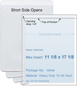 ChanCam vinyl sleeve, open short side, insert size: 11 1/8 x 17 1/8, product size: 11 3/8 x 17 3/8, heavy duty 10 mil clear vinyl