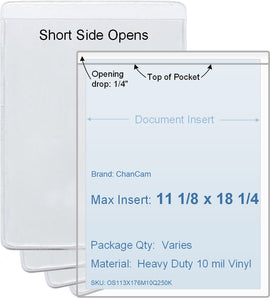 ChanCam vinyl sleeve, open short side, insert size: 11 1/8 x 18 1/4, product size: 11 3/8 x 18 1/2, package quantity 100, heavy duty 10 mil clear vinyl