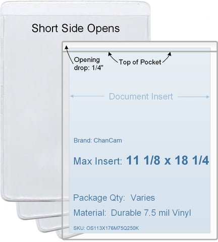 ChanCam vinyl sleeve, open short side, insert size: 11 1/8 x 18 1/4, product size: 11 3/8 x 18 1/2, package quantity 100, 7.5 mil clear vinyl