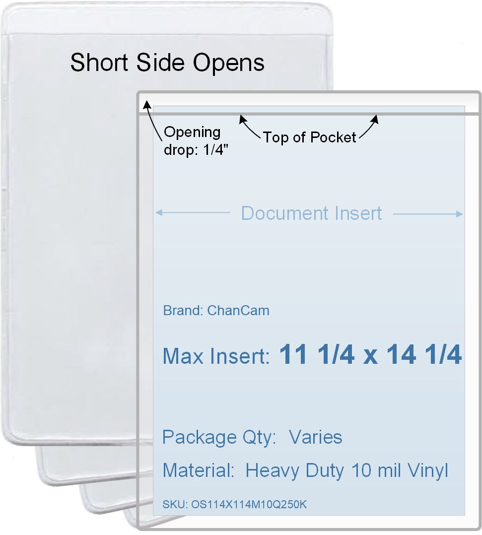 ChanCam vinyl sleeve, open short side, insert size: 11 1/4 x 14 1/4, product size: 11 1/2 x 14 1/2, package quantity 100, heavy duty 10 mil clear vinyl